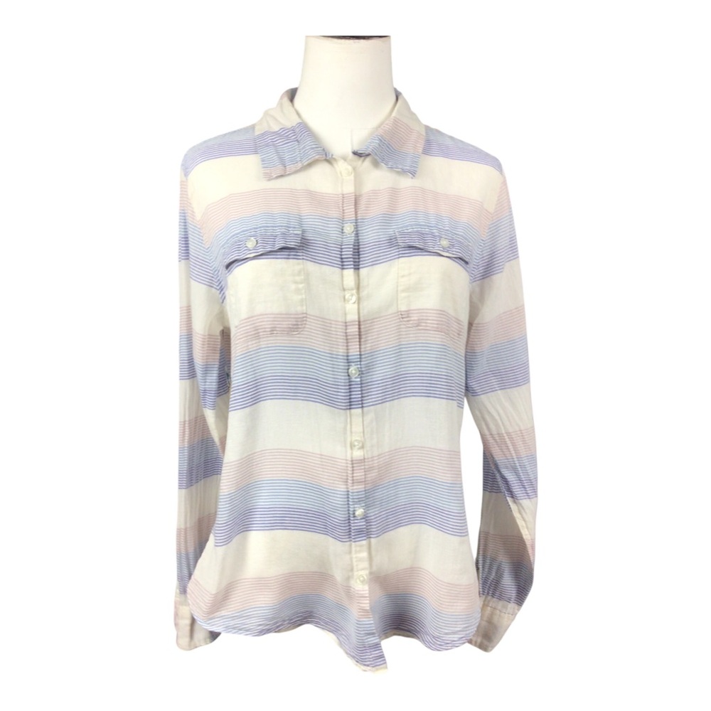 Horny Toad Organic Cotton Striped Button Front Shirt Medium Pastel Blue Pink